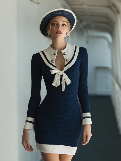 Elegant Navy Style Blue And White Contrast Long Sleeve Knit Mini Dress
