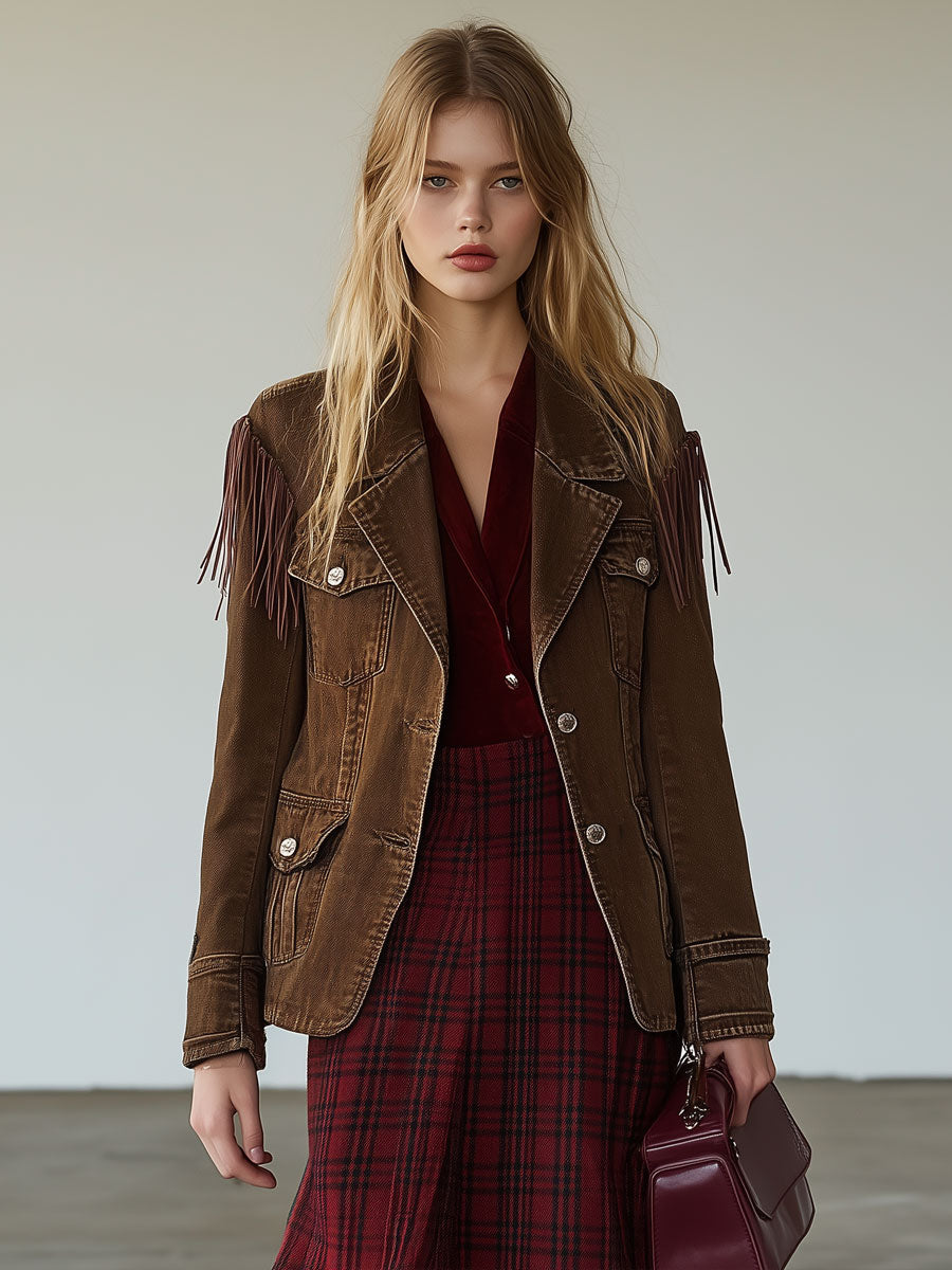 Chaqueta vaquera con borlas y múltiples bolsillos de color marrón cacao de estilo vintage occidental 