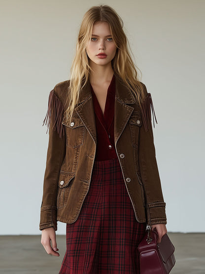 Chaqueta vaquera con borlas y múltiples bolsillos de color marrón cacao de estilo vintage occidental 