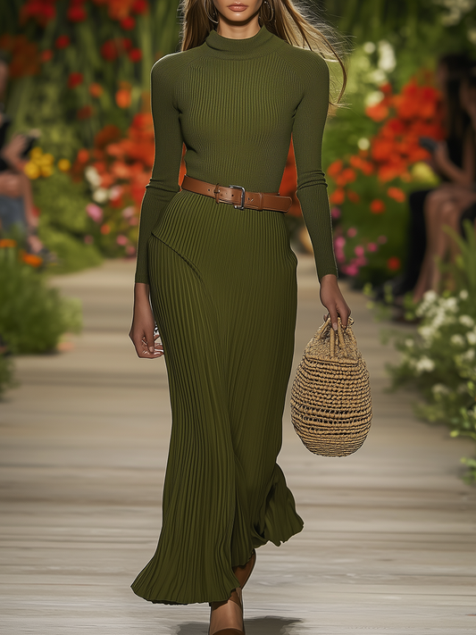 Elegant Round Neck Long Sleeve Pleated Knitted Maxi Dress