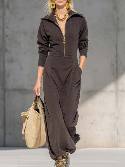 Exquisite Casual Zipper V-neck Brown Sports Cotton Maxi Dress