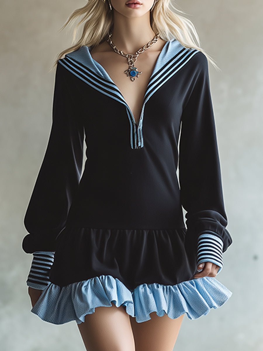 Casual Black And Blue Ruffled Sweatshirt Sports Long-sleeved Mini Dress