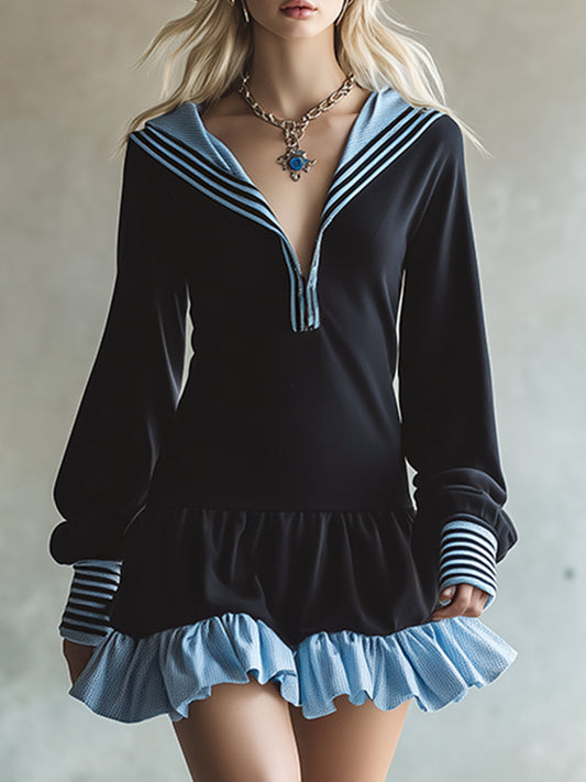 Casual Black And Blue Ruffled Sweatshirt Sports Long-sleeved Mini Dress