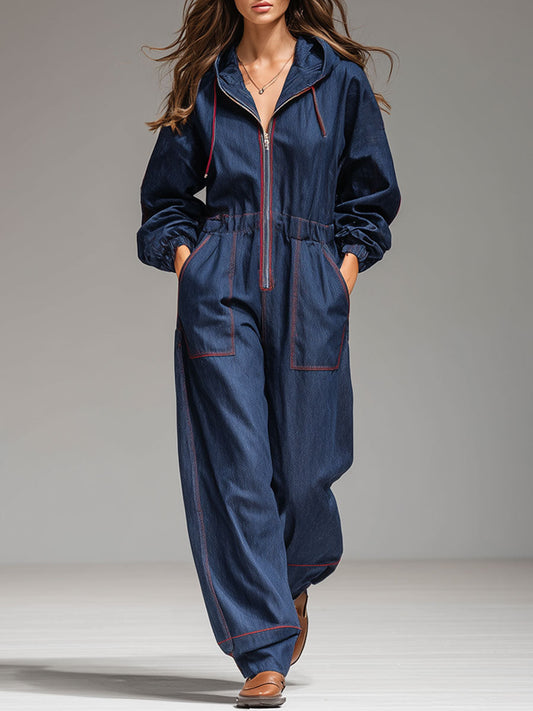 Casual Loose Retro Dark Blue Denim Topstitched Hooded Sports Jumpsuit