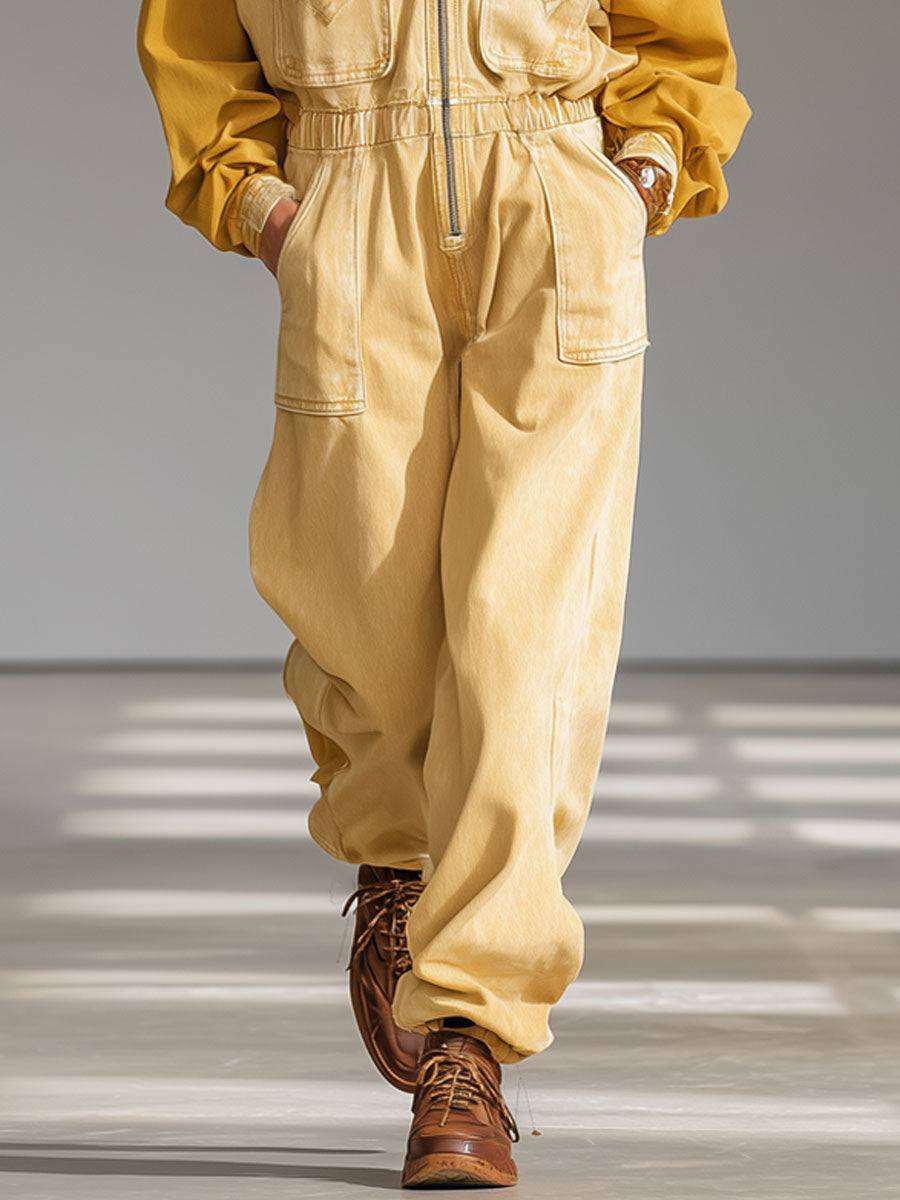 Casual Retro Yellow Denim Hooded Colorblock Long-Sleeved Jumpsuit