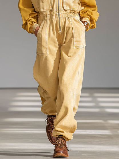 Casual Retro Yellow Denim Hooded Colorblock Long-Sleeved Jumpsuit