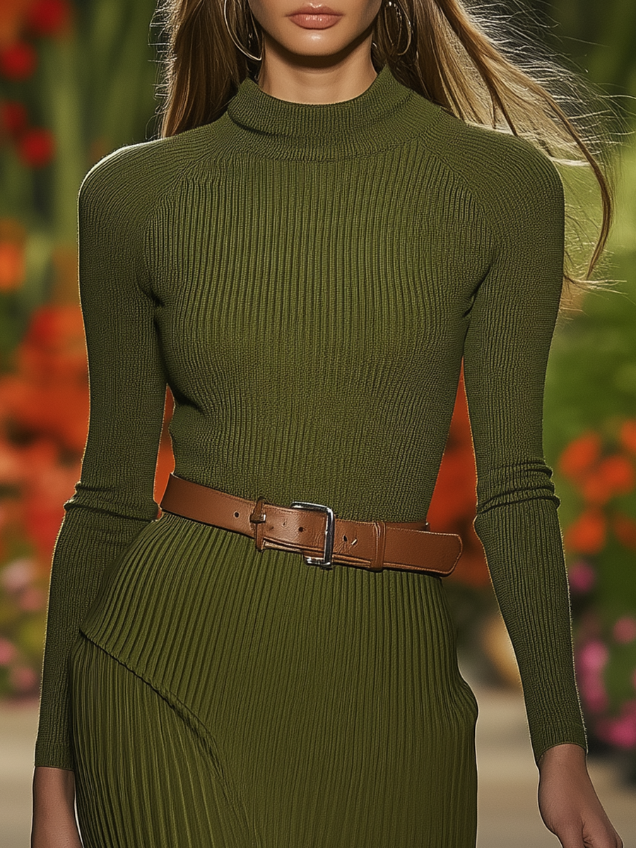 Elegant Round Neck Long Sleeve Pleated Knitted Maxi Dress