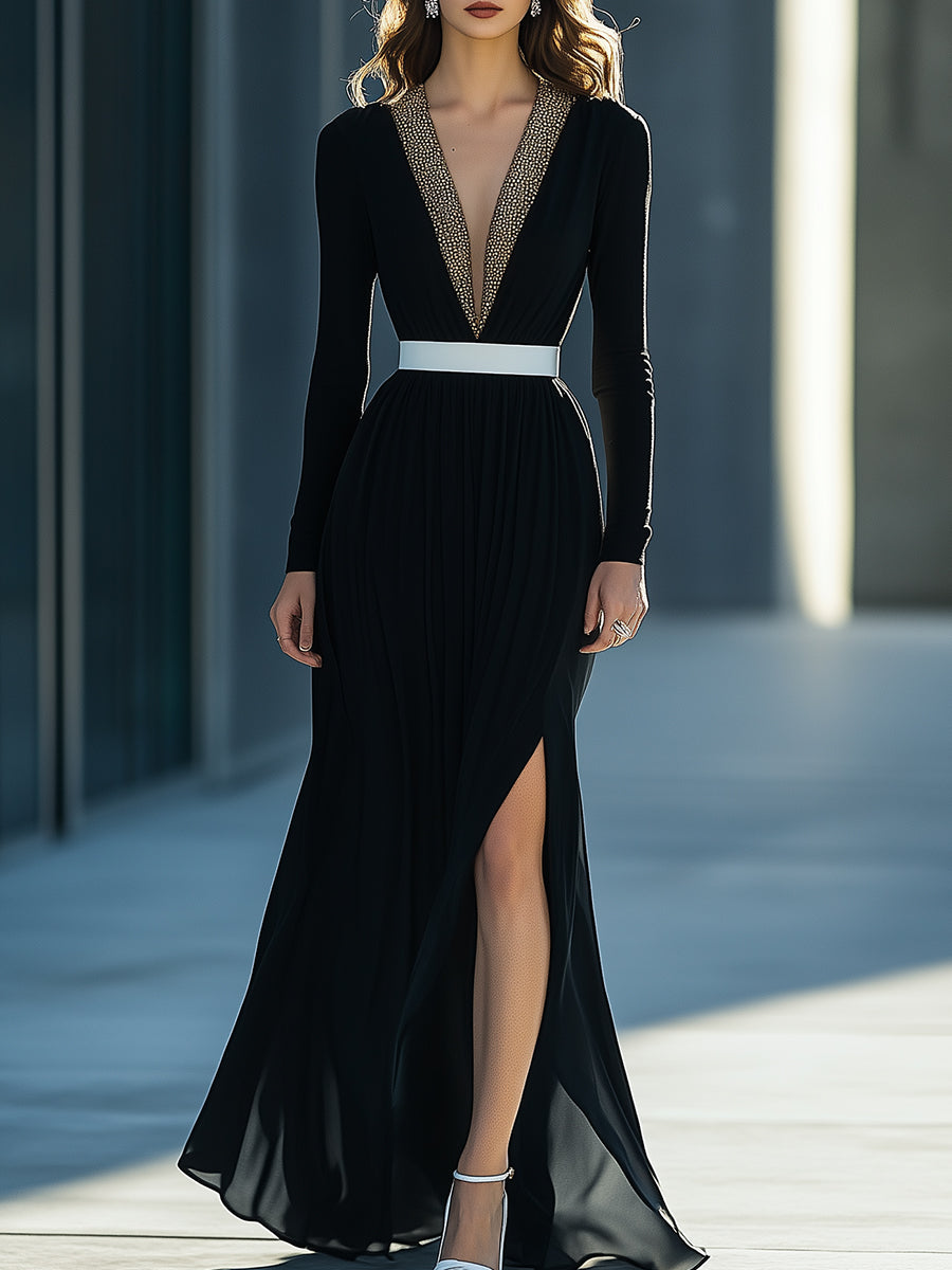Designer Black Chiffon V-neck Side Slit Maxi Dress