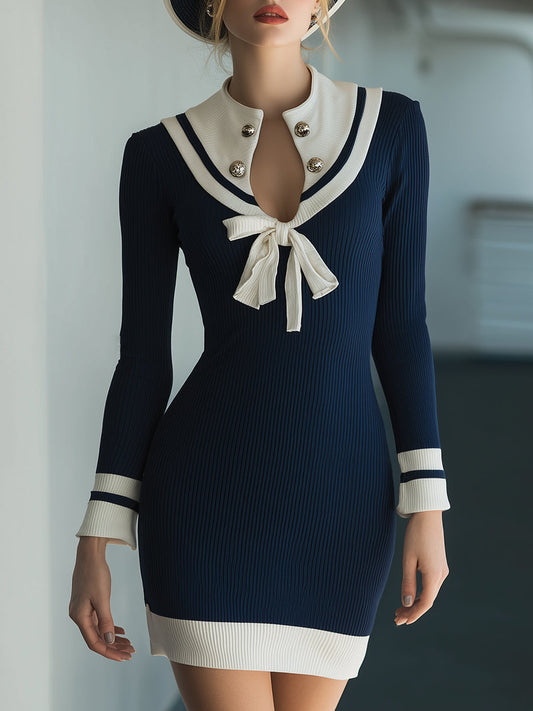 Elegant Navy Style Blue And White Contrast Long Sleeve Knit Mini Dress