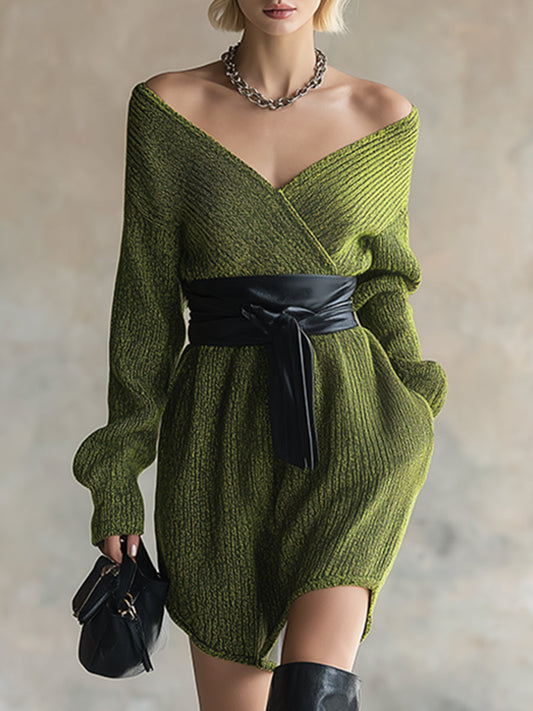Elegant And Fashionable Green Mixed Color Lace-up Knitted Long-sleeved Mini Dress