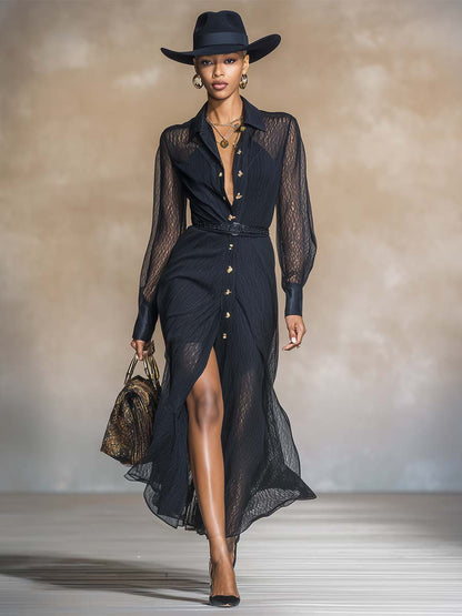 Elegant And Exquisite Front Button V-neck Dark Blue Satin Cover Mesh Long Sleeve Maxi Dress