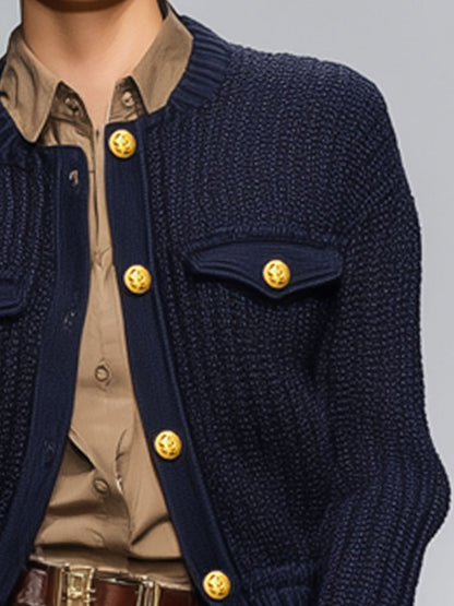 Casual Loose Metal Button Navy Blue Knitted Jacket Cardigan