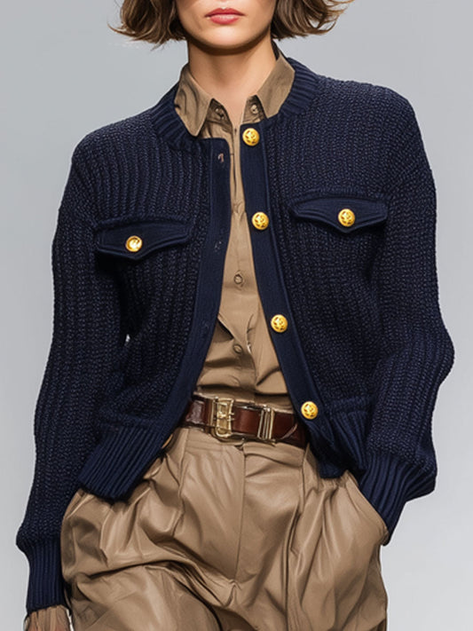 Casual Loose Metal Button Navy Blue Knitted Jacket Cardigan