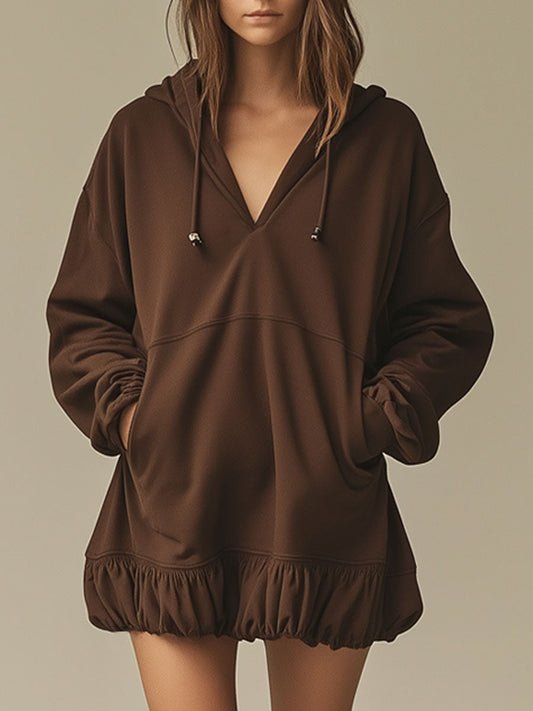 Casual Loose Vintage Cocoa Brown Hooded Sports Lantern Mini Dress