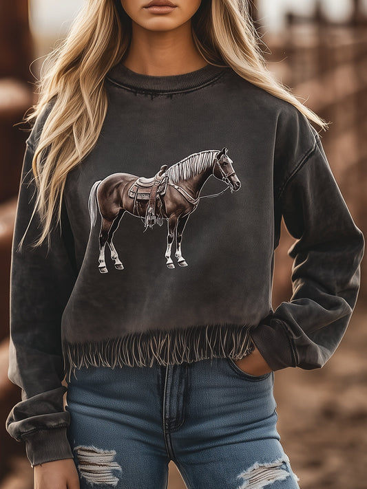 Casual Loose Grey Round Neck Horse Pattern Sweatshirt
