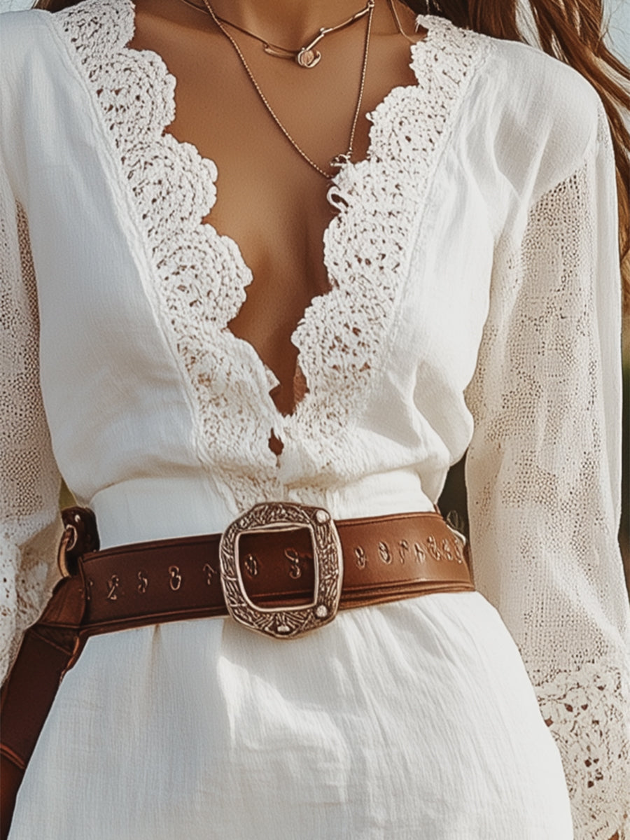 Vestido de lino blanco para mujer con escote en V, dobladillo de encaje y costuras, manga larga y encaje 