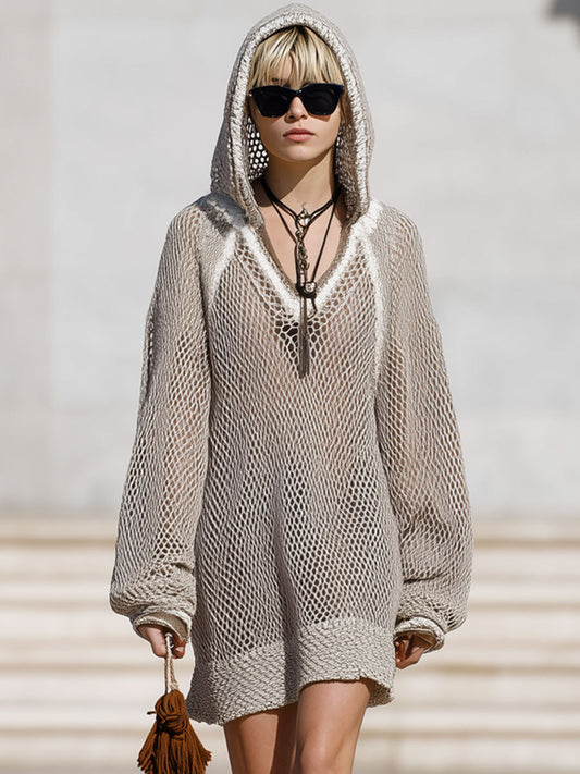 Casual Loose Light Gray Mesh Knit Long Sleeve Mini Dress