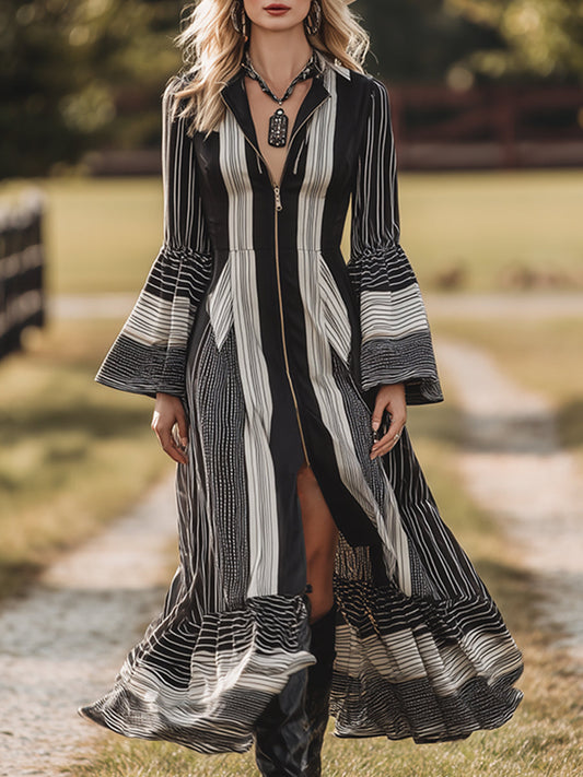 Fashion Retro Nomadic Style Striped Print Front Zipper Long Sleeve Maxi Dress