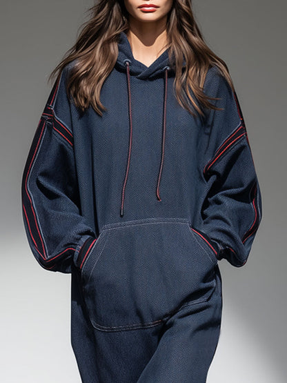 Casual Retro Web-edge Dark Blue Denim Hooded Sweatshirt Sports Midi Dress
