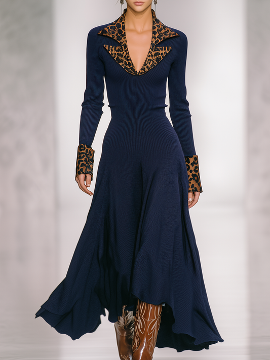 Elegant Retro Contrast Leopard Print Lapel Long Sleeve Knitted Maxi Dress