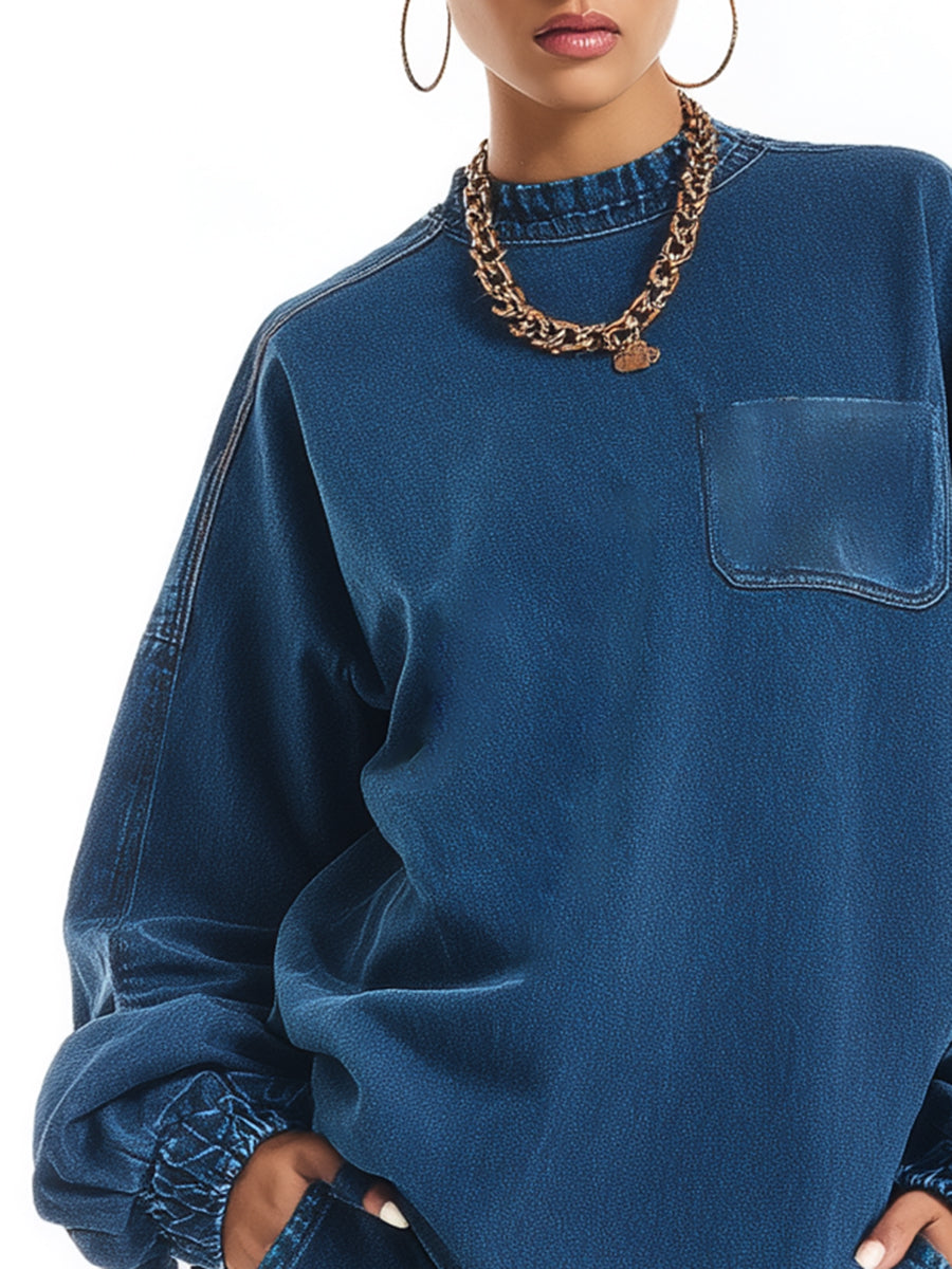 Casual Loose Denim Crew Neck Sweatshirt