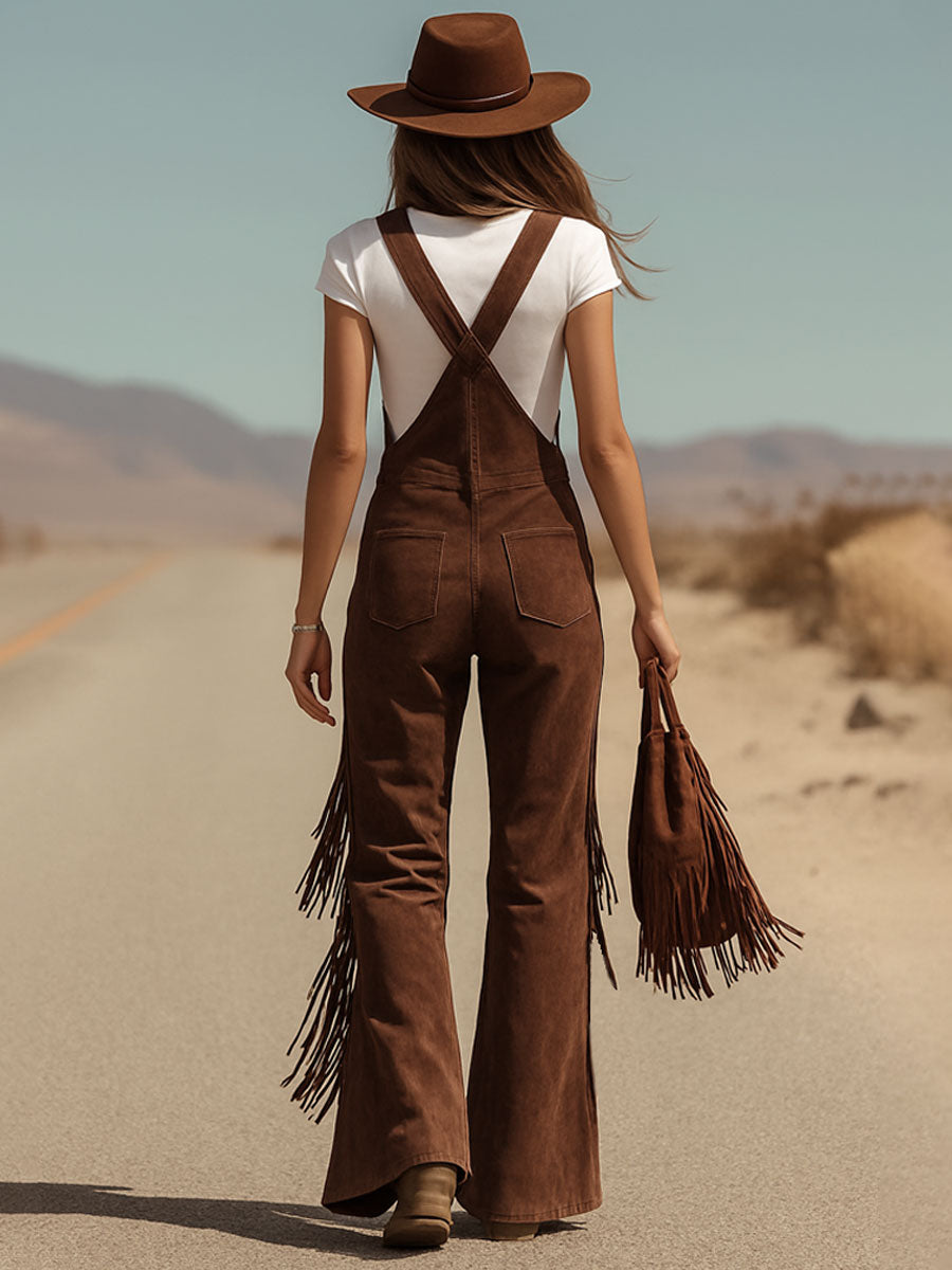 Brown Micro-suede Pocket Tassel Wide-leg Overalls