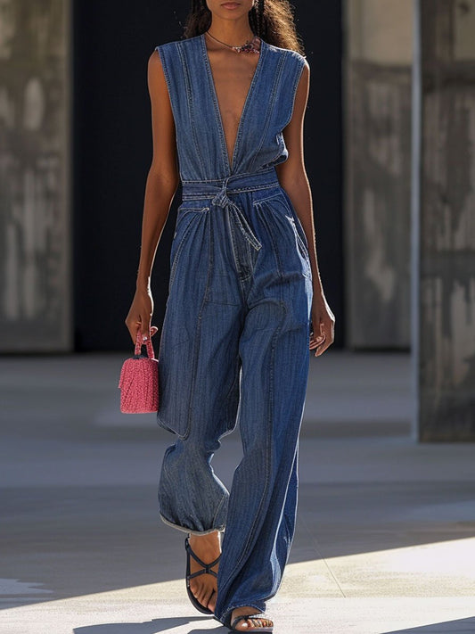 【24-hour shipping out】V-Neck Loose Casual Retro Pocket Lace-Up Denim Jumpsuit