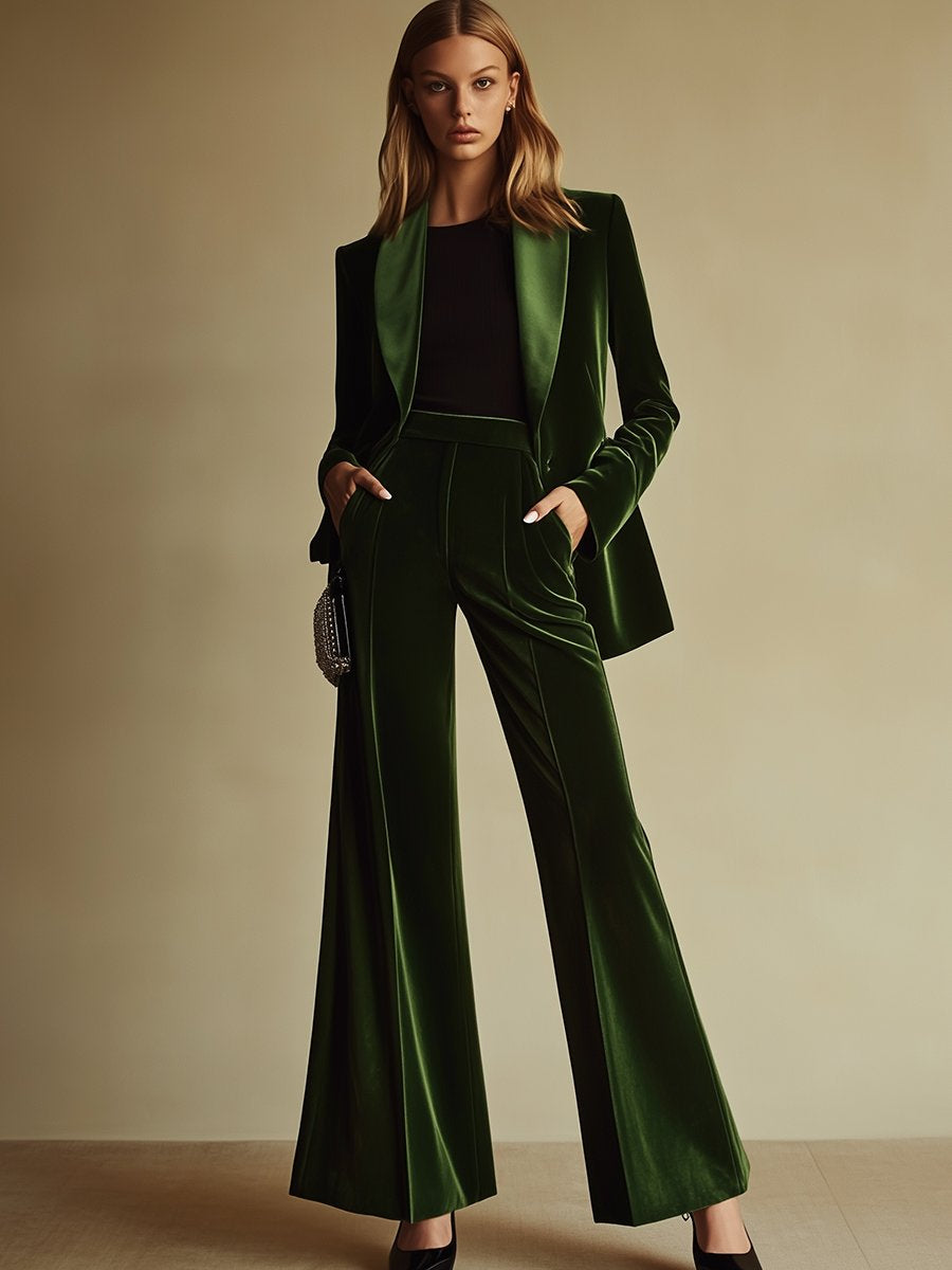 【24-hour shipping out】High-End Temperament Loose Retro Green Velvet Suit