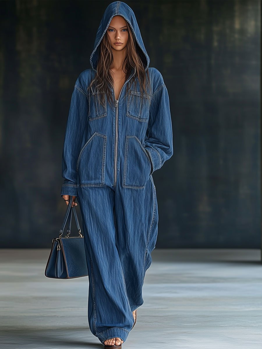 【24-hour shipping out】Casual Loose Retro Pocket Long Sleeve Hooded Zipper Denim Jumpsuit