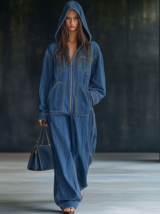 【24-hour shipping out】Casual Loose Retro Pocket Long Sleeve Hooded Zipper Denim Jumpsuit