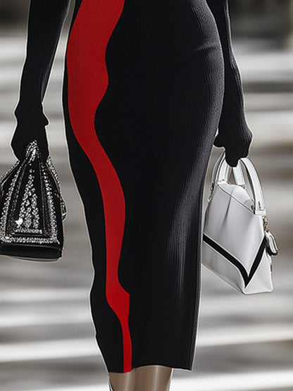 【24-hour shipping out】High-End Fashionable Red And Black Color Matching High-Neck Knitted Dress