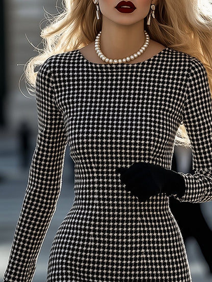 【Envío en 24 horas】Vestido retro elegante de pata de gallo con cuello redondo de alta gama