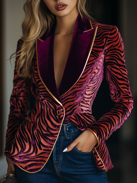 Casual Loose Vintage Velvet Zebra Pattern Gold Wire Striped Lapel Pocket Blazer