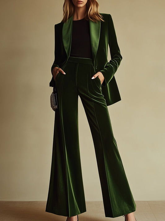 【24-hour shipping out】High-End Temperament Loose Retro Green Velvet Suit