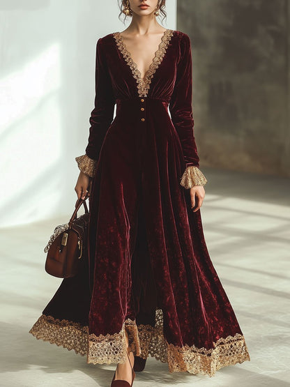 【24-hour shipping out】Vintage Ankola Red Velvet Lace V-neck Long Sleeve Maxi Dress