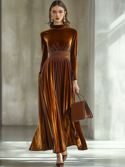 【24-hour shipping out】Solid Color Simple Party Long Sleeve Half Turtleneck Maxi Dress