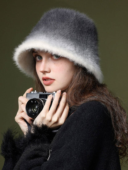 Gorro de pescador cálido de piel de conejo de peluche con degradado de moda de invierno