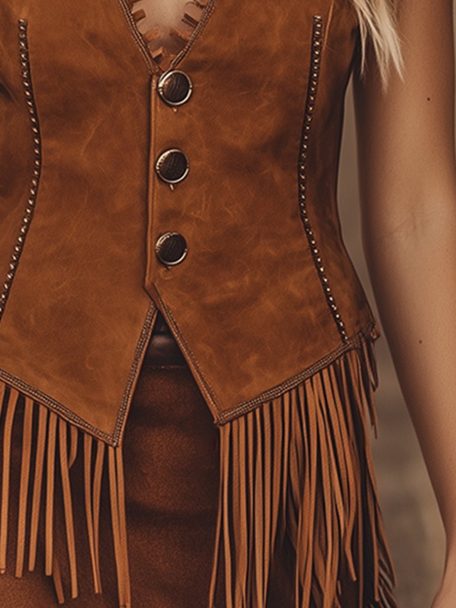 【24-hour shipping out】Vintage Western Cowboy Style Tassel Button Brown Suede Vest