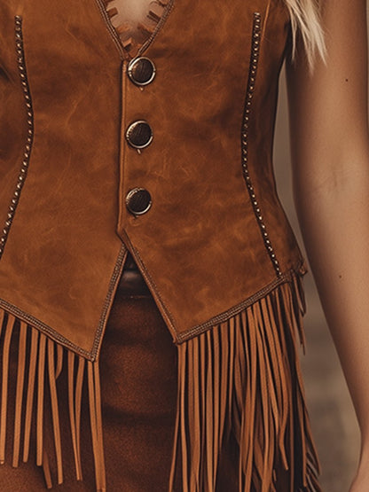 【24-hour shipping out】Vintage Western Cowboy Style Tassel Button Brown Suede Vest