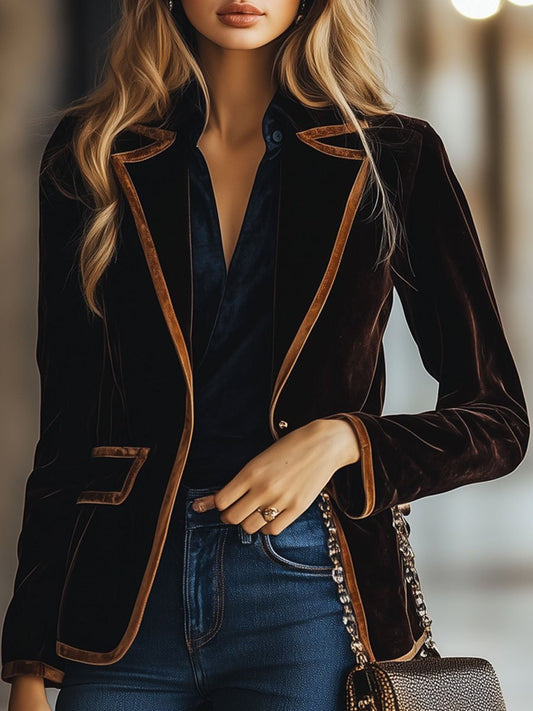 Casual Loose Vintage Velvet Colorblock Striped Pocket Blazer