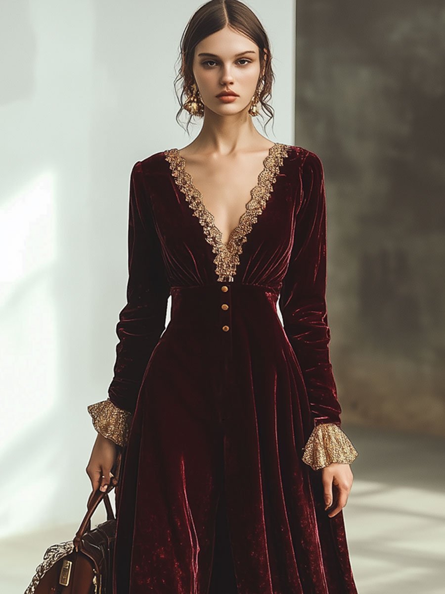 【24-hour shipping out】Vintage Ankola Red Velvet Lace V-neck Long Sleeve Maxi Dress