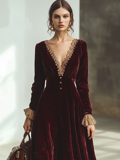 【24-hour shipping out】Vintage Ankola Red Velvet Lace V-neck Long Sleeve Maxi Dress
