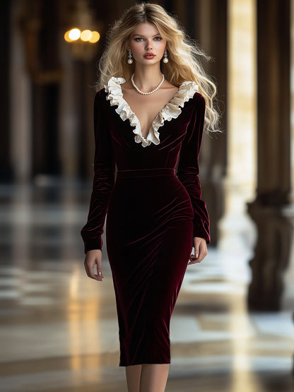 【Envío en 24 horas】Vestido midi de terciopelo con volantes y escote en V de alta gama