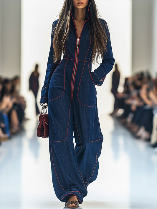 【24-hour shipping out】Casual Loose Retro Red Topstitched Denim Wide Leg Long Sleeve Jumpsuit