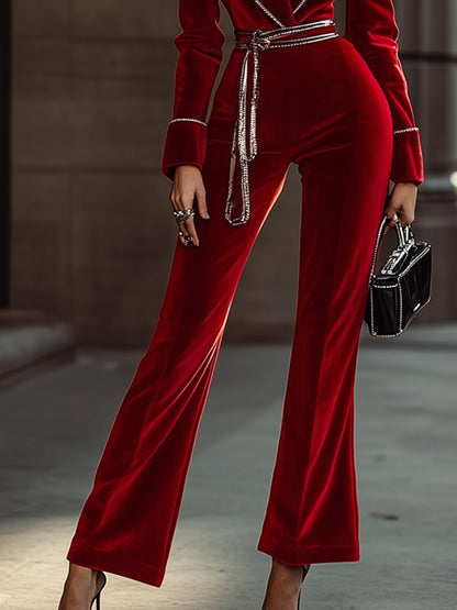 【Envío en 24 horas】Mono de terciopelo rojo de alta gama y moda con ribete plateado