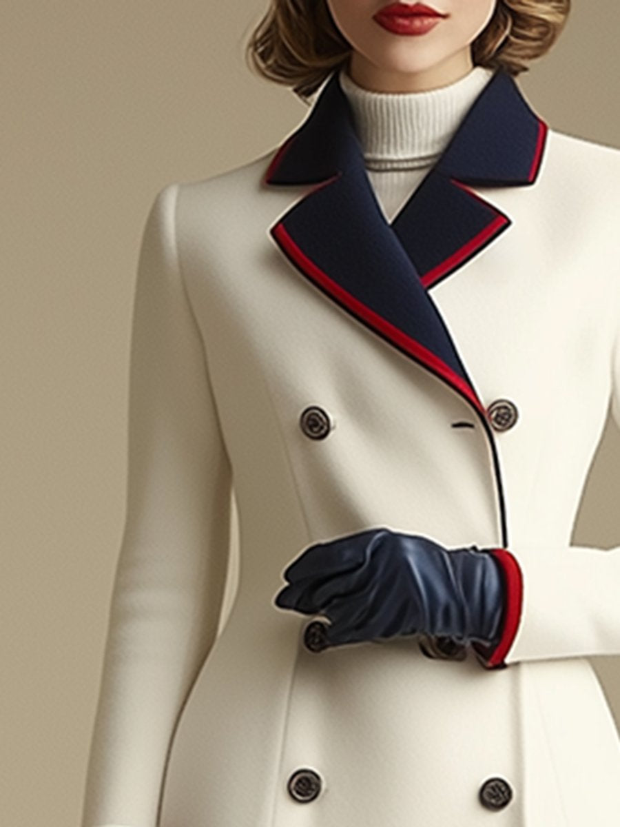 【24-hour shipping out】High-End Retro And Fashionable Double-Breasted Lapel Color-Blocked Long Coat