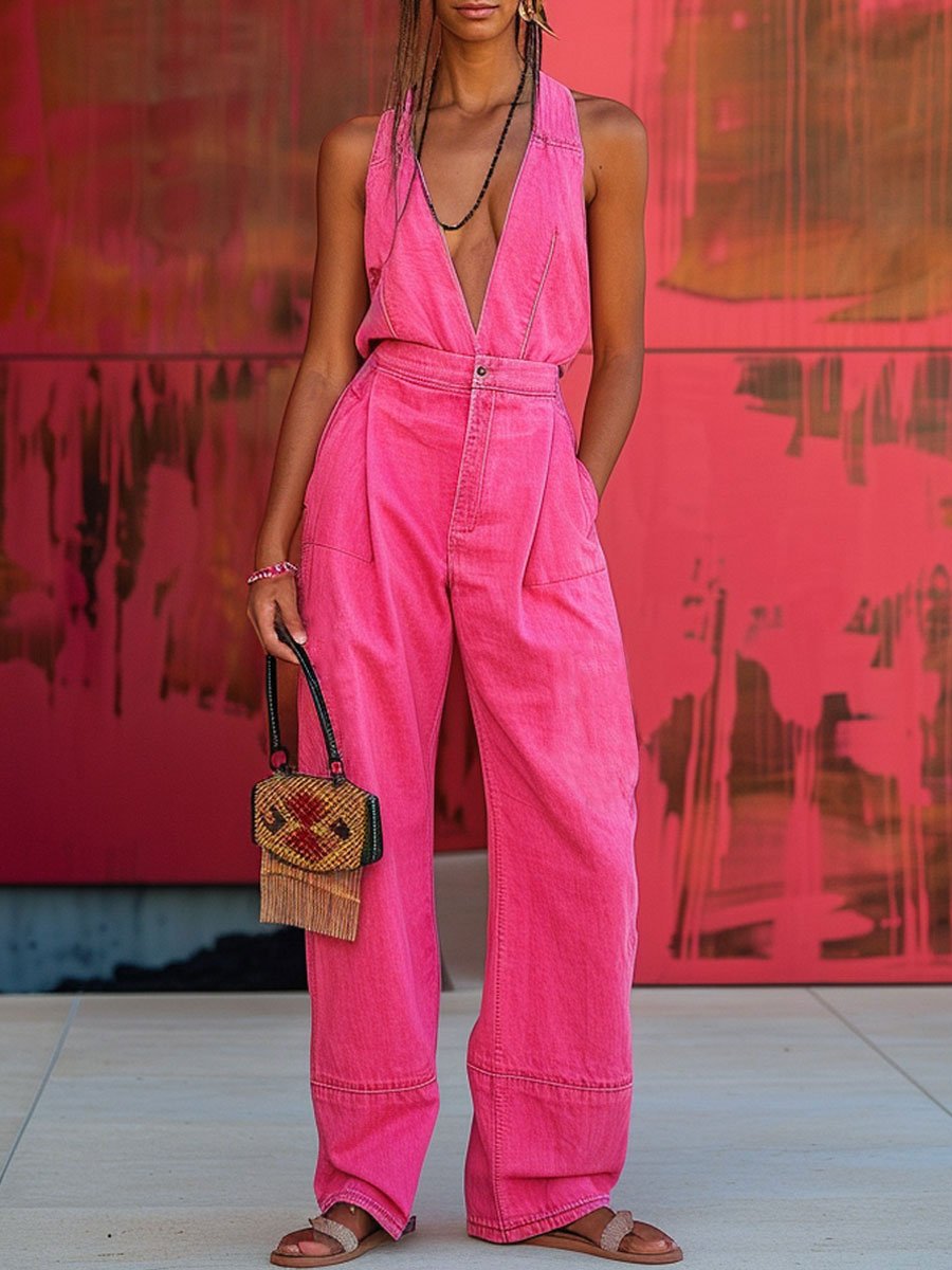 【24-hour shipping out】V-Neck Casual Loose Pocket Sleeveless Denim Jumpsuit