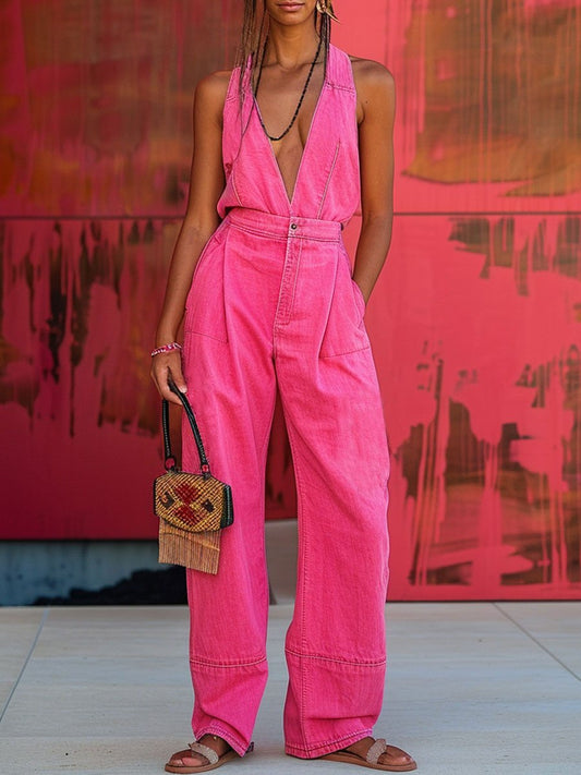 【24-hour shipping out】V-Neck Casual Loose Pocket Sleeveless Denim Jumpsuit