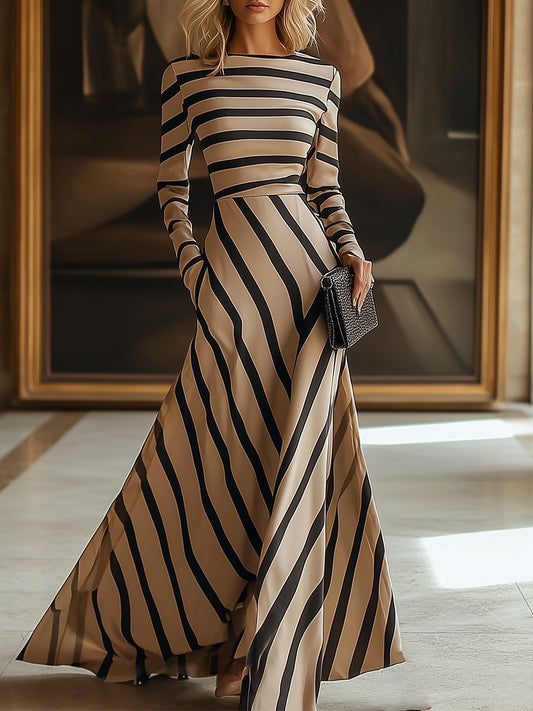 【Envío en 24 horas】Vestido largo caqui de manga larga con rayas finas de moda