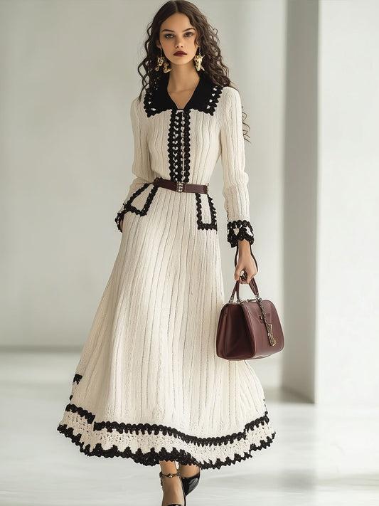 【Envío en 24 horas】Vestido largo de manga larga con bloques de color y punto retro de moda